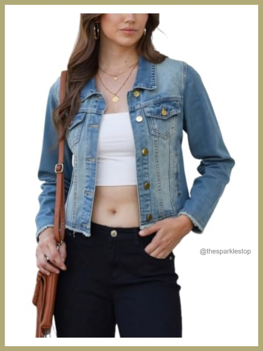 Women's Frayed Cropped Denim Jacket Relaxed Fit Button Up